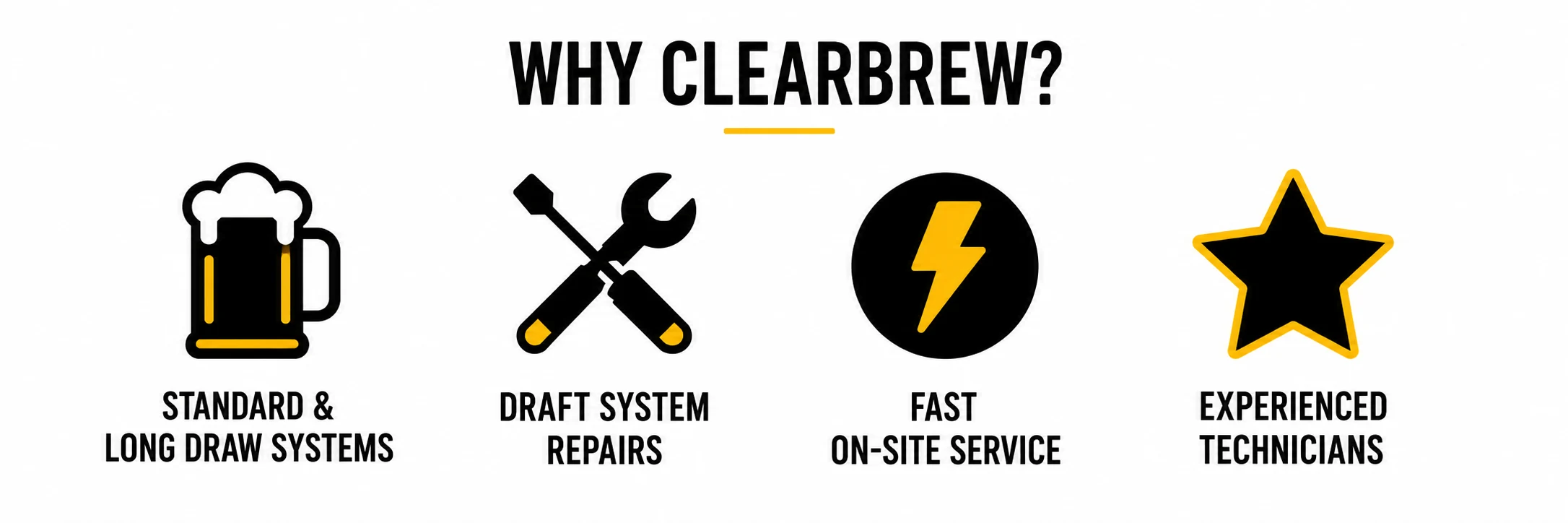 Why ClearBrew: standard and long-draw systems, repairs, fast on-site service, and experienced technicians